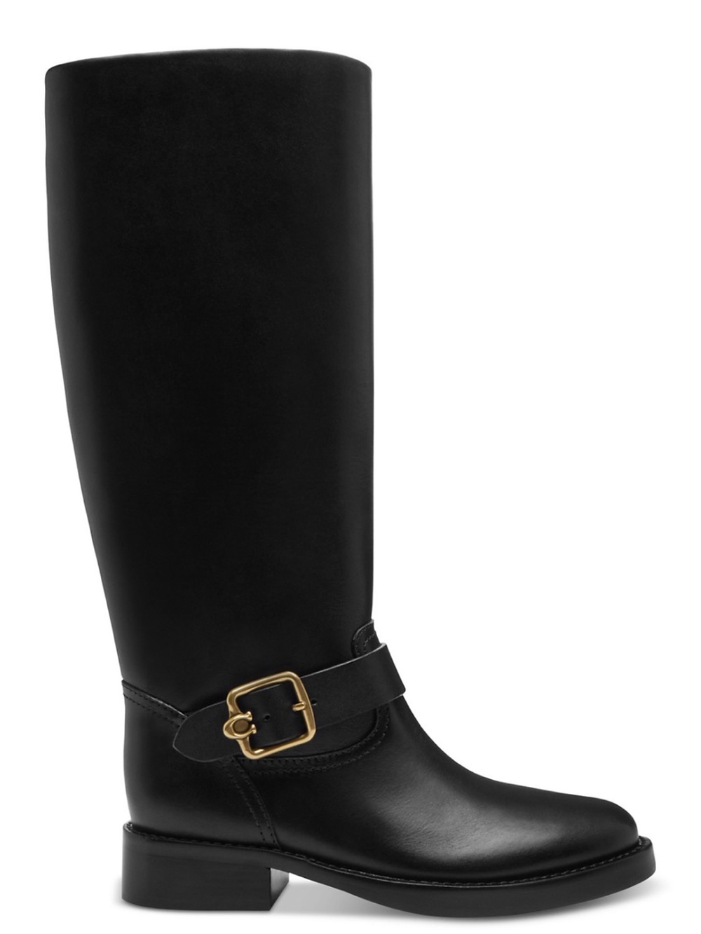 Coach Black Leather Knee-High Riding Boots with Gold Buckle